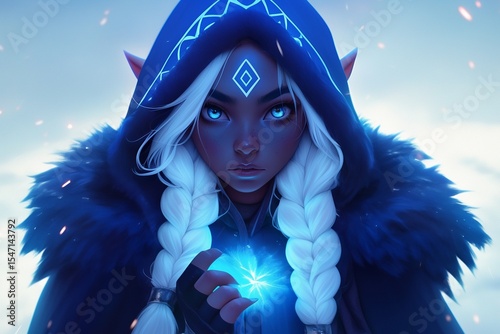 Portrait of a powerful female elf mage with white braided hair and a hood, holding a ball of blue magic in a snowy landscape
