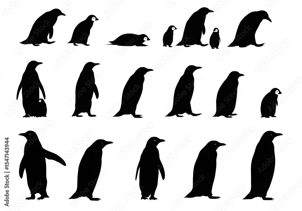 Obraz premium Black Penguin Silhouettes Different Poses Isolated White Background