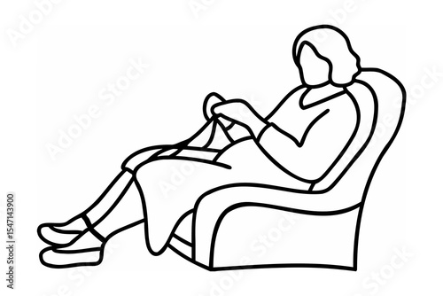 Woman Knitting in Armchair Line Art Illustration vector