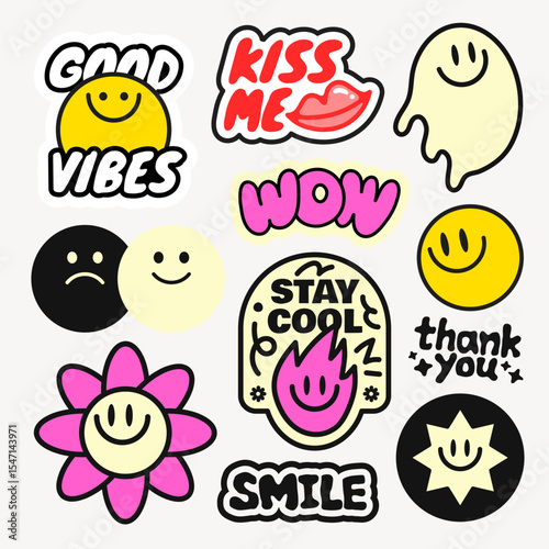 Colorful stickers with smiley faces, positive phrases, and playful designs Smiley faces and positive vibes in bright, playful colors Fun and vibrant sticker collection Funky stickers, vector set