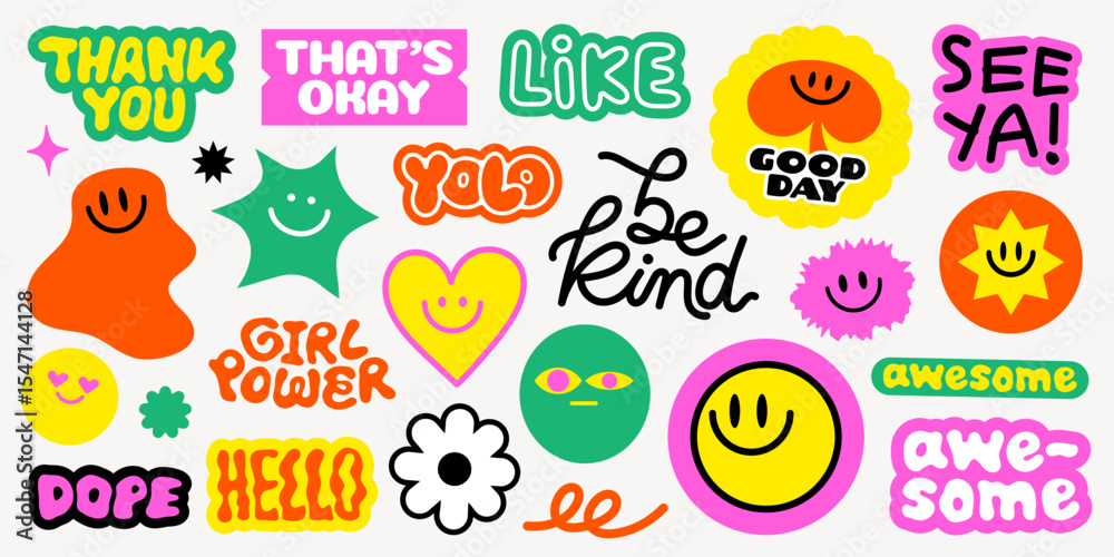 Fototapeta premium Colorful stickers with smiley faces, positive phrases, and playful designs Smiley faces and positive vibes in bright, playful colors Fun and vibrant sticker collection Funky stickers, vector set
