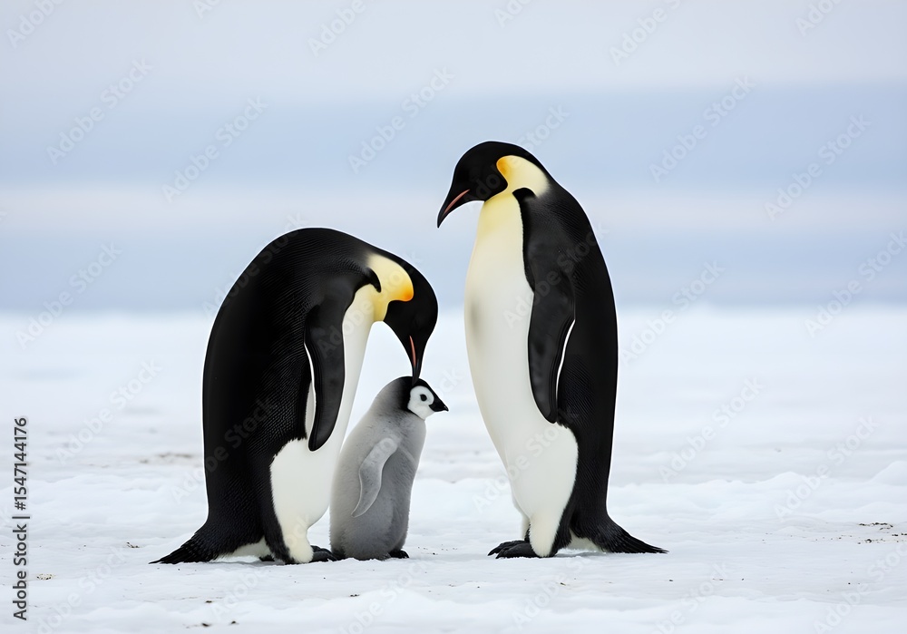 Fototapeta premium Emperor Penguin Family with Chick on Snow