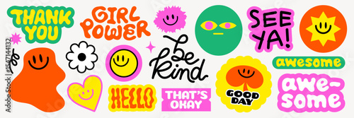 Colorful stickers with smiley faces, positive phrases, and playful designs Smiley faces and positive vibes in bright, playful colors Fun and vibrant sticker collection Funky stickers, vector set
