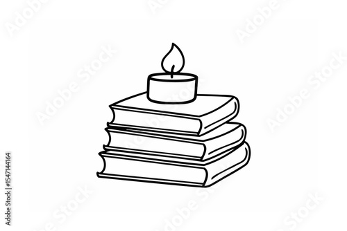 Lit Candle Atop Stack of Books Line Art Illustration