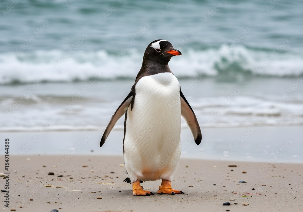 Naklejka premium Gentoo Penguin on Sandy Beach with Waves