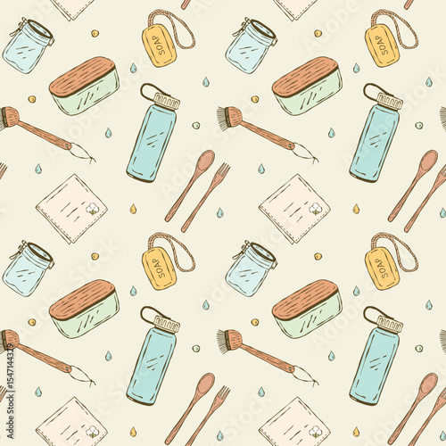 Colorful seamless vector pattern of eco kitchen essentials in hand-drawn doodle style.
Includes bamboo brush, cotton cloth, jar, container, dish brush, and soap on a rope