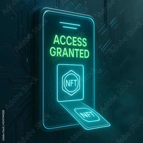 Futuristic Holographic Access Pad Accepting NFT Token as Digital ID, Sci-Fi Authentication Concept with 'Access Granted' Display, Cyberpunk Wall, and Glowing Interface