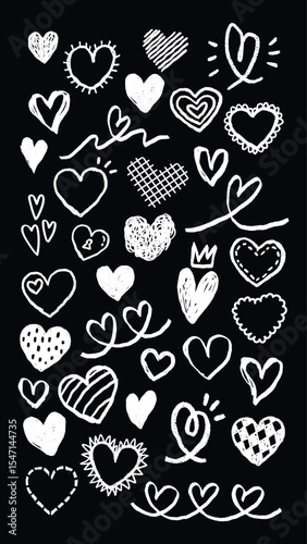 A collection of hand-drawn heart doodles in various styles. Hearts are sketched in white on a black background, showcasing creativity and love. Hand drawn Valentine's Day vector set.