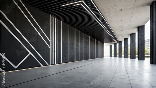 A modern, minimalist architectural interior. A spacious, empty hall with striking linear design on the walls and a well-lit ceiling, creating a sense of open space