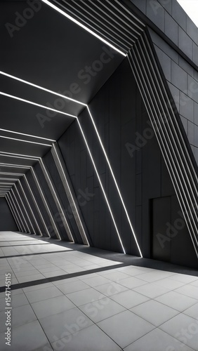 A modern, minimalist architectural corridor with geometric lines and bright lighting