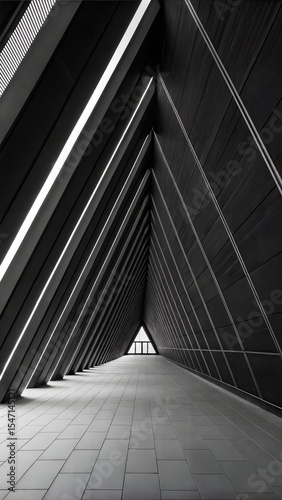A captivating black and white architectural view. The focus is on the striking symmetrical roof structure, with its intricate triangular design.