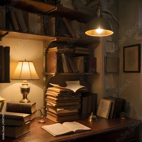 Shelves overflowing with notes and open books beneath a brass lamp.