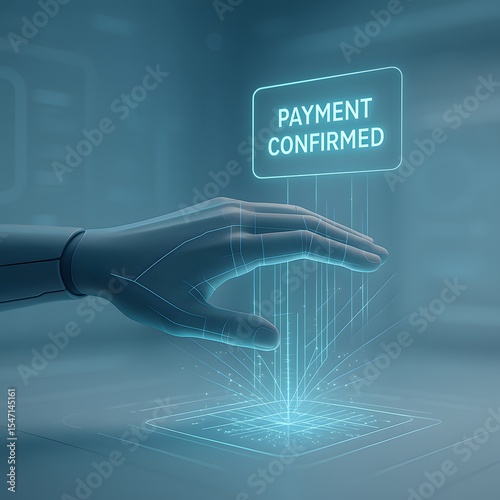Futuristic Biometric Payment Scan with Holographic Confirmation in Minimal Tech Environment. AI Generated