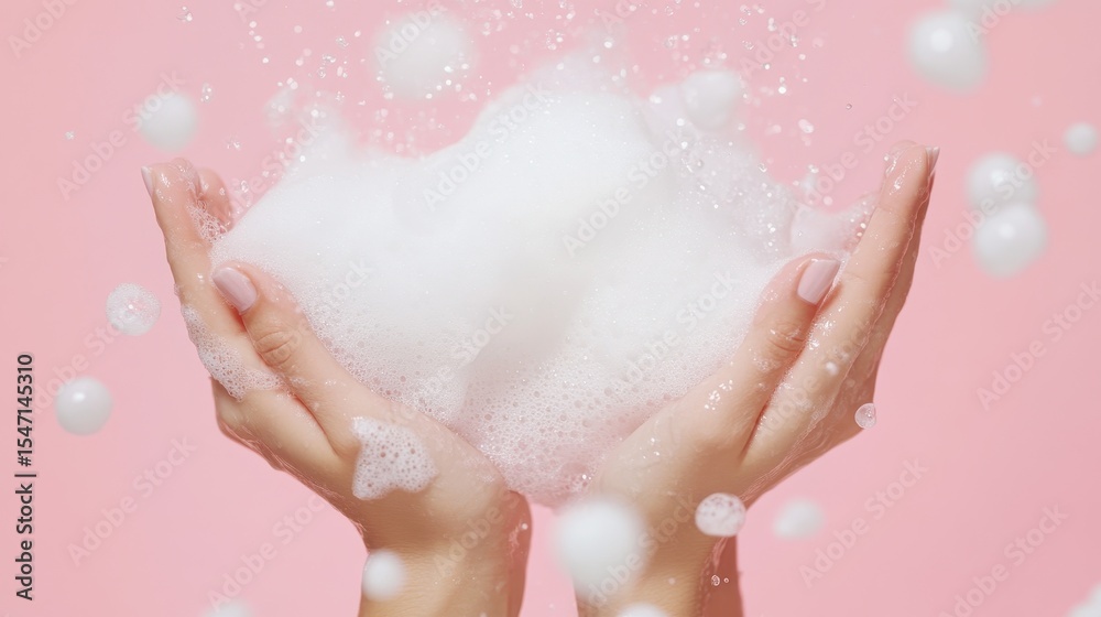 Hand Product Place: Woman's Hands Holding White Foam Mousse Over Pink Background Hand Product Place: Woman's Hands Holding White Foam Mousse Over Pink Background