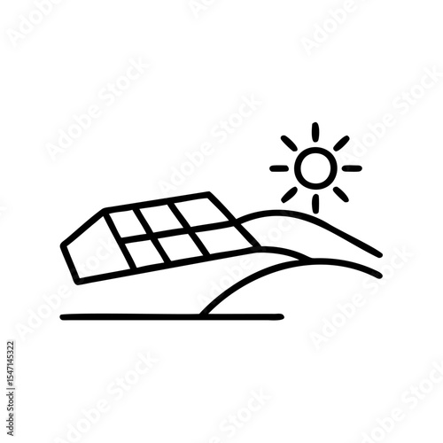 Solar Panel on Rolling Hills Under Bright Sun Line Art Icon