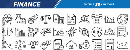 Finance line icon set showing customer support, financial charts, AI automation, global trading, planning, and digital currency solutions.