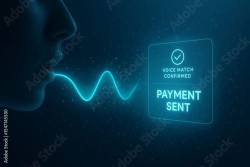 Voice Activated Payment Confirmation with Glowing Soundwave and Digital UI. Futuristic Biometric Authentication Concept in Blue Light
