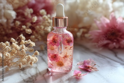 Pink Cuticle Oil Dropper Bottle with Dried Floral Details on Marble