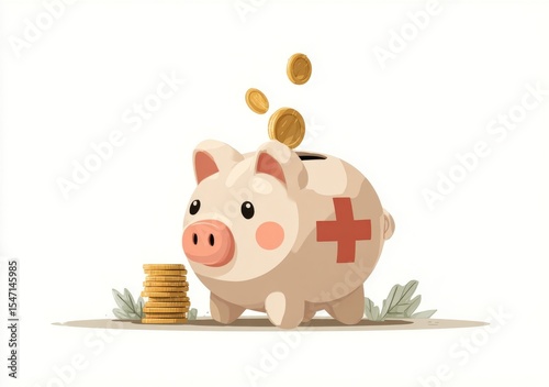 Saving for Healthcare: Piggy Bank with Coins, Medical Cross Symbol, Digital Illustration