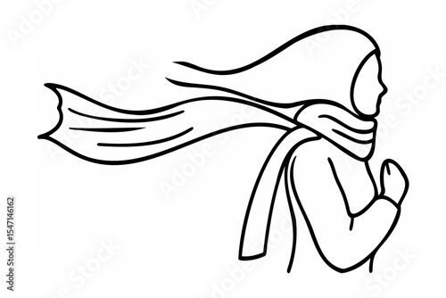 Woman in Hijab and Scarf Walking in Wind Black Line Art
