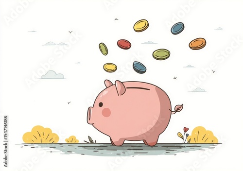 Cartoon Piggy Bank Accumulating Colorful Coins Outdoors in a Pastoral Scene: Savings Growth and Financial Prosperity Concept