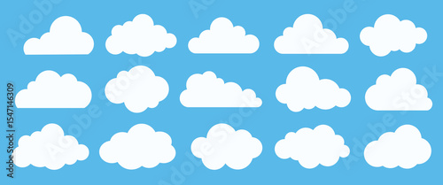 Collection of white cloud icons on a blue background. Various cloud shapes, fluffy and soft. Perfect for weather apps, cloud designs, and sky illustrations. Weather element vector set.
