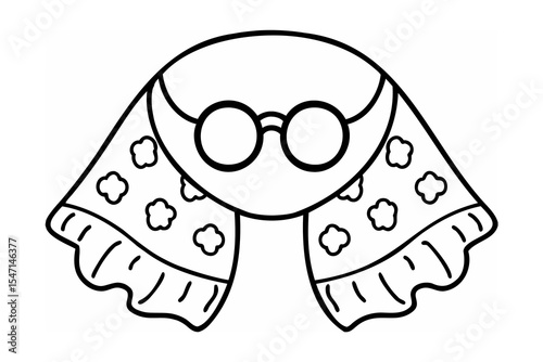 Black and White Line Drawing of Scarf with Glasses and Flowers
