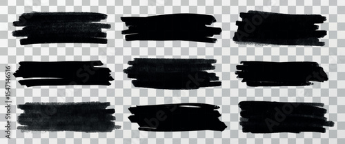 Set of nine black brush strokes on a transparent background. Brush strokes vary in thickness and texture. Ideal for design, art, and creative projects. Creative elements, vector set.