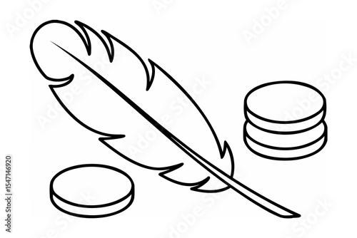 Black and White Line Drawing Feather and Coins quill