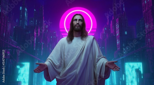 A powerful depiction of a Christ-like figure with open arms, standing in a glowing neon cyberpunk city with vibrant purple and blue lights