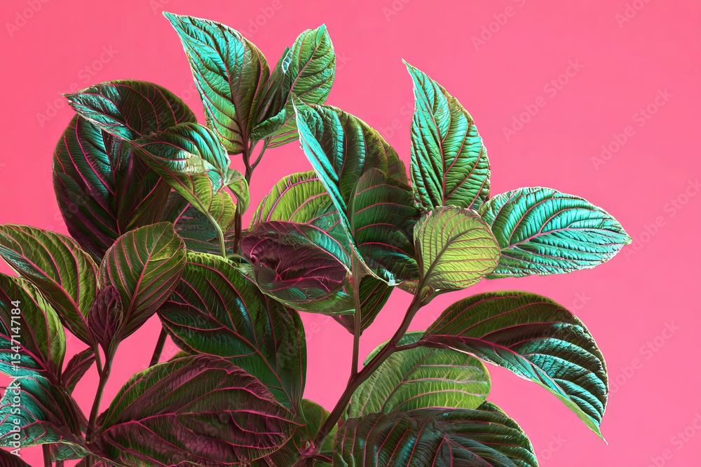 Naklejka premium Vibrant Green Leaves on Pink Background
