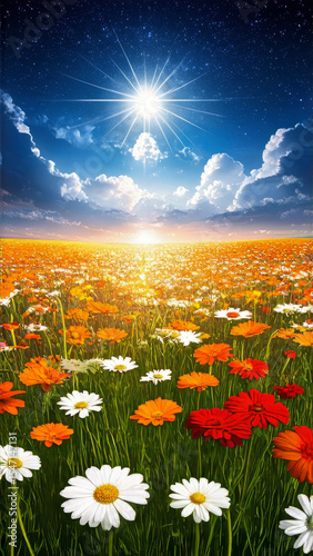 Celestial Dichotomy: Where Day Meets Night in a Flower Meadow