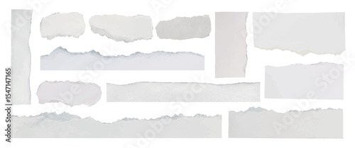 Torn paper edges, rough and textured. White torn paper strips, various shapes. Torn paper for scrapbooking, collage, and crafts. Torn paper, rough edges. Ripped element set. Vectors.