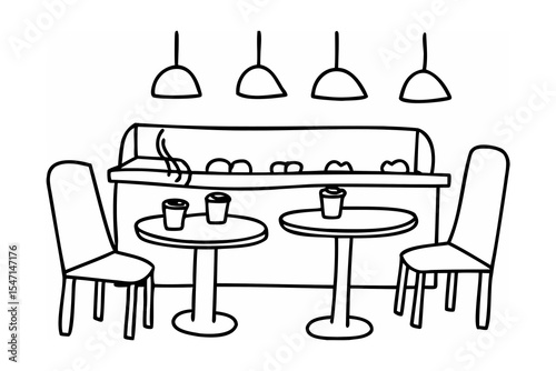 Simple Line Drawing Cafe Interior Two Tables Chairs Coffee Pastry Display
