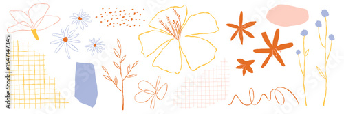 Colorful floral doodles with abstract shapes. Flowers and abstract patterns create a vibrant design. Floral elements and abstract forms blend beautifully. Hand drawn floral illustrations set Vectors.