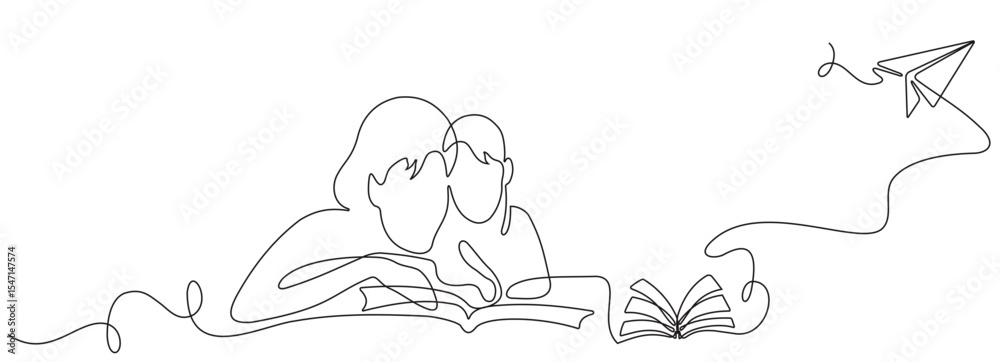 Obraz premium mother and child reading a book with a flying paper airplane drawn with a continuous line. Linear symbol of education and lighting