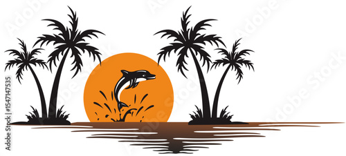 silhouette of palm tree with dolphin jumping and moonlight on white background