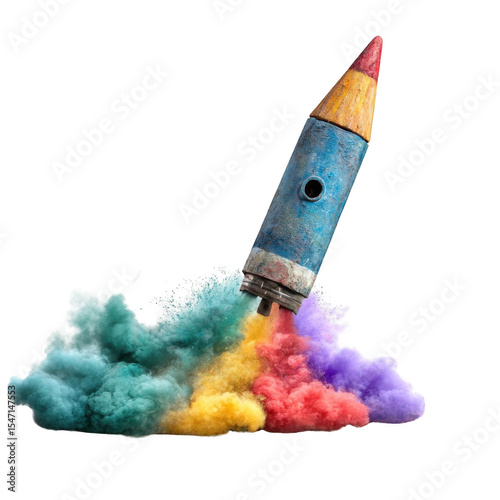 Pencil rocket with colorful smoke isolated on transparent background. 3d illustration.