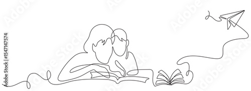 mother and child reading a book with a flying paper airplane drawn with a continuous line. Linear symbol of education and lighting