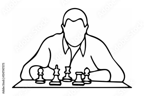 Man Playing Chess Black and White Line Art person game