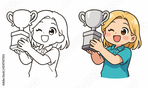 woman holding trophy coloring page for kids