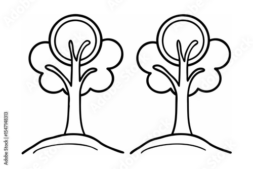 Two Simple Black Line Drawing Trees on Hills white
