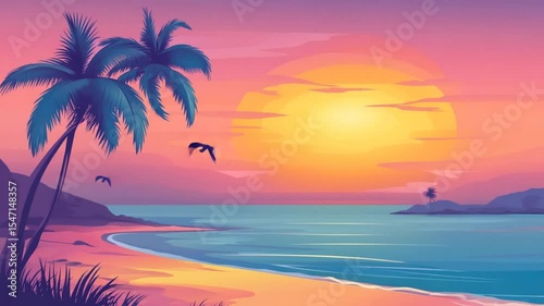 Tropical Sunset Paradise: Palm Trees, Ocean, and a Vibrant Sky
