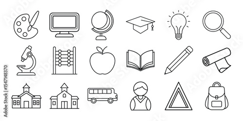 Back to school icons set line art isolated on white background