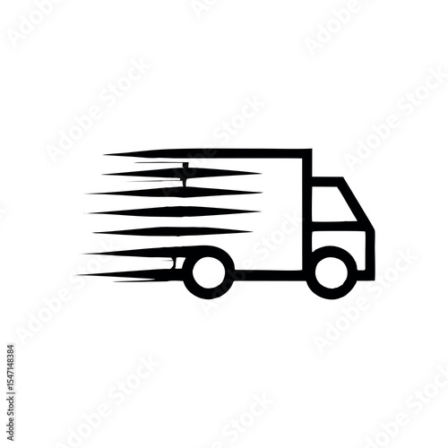 A clean and bold vector icon of a cargo truck with a large trailer attached. The illustration features a side view of a long haul transport vehicle with clear, simple shapes and bold outlines. Designe