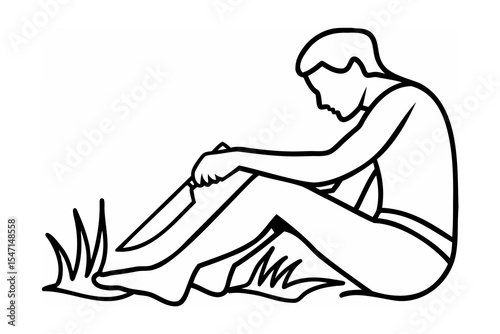 Man Sitting Outdoors Cutting His Leg Line Art Illustration