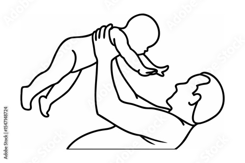 Father Lifting Baby Up High Line Art Illustration infant