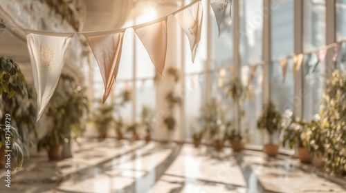 Sustainable Festival Practices Bright Sunlit Indoor Party Space with Banners and Flowers for Celebration Event Festival Volunteer Spirit