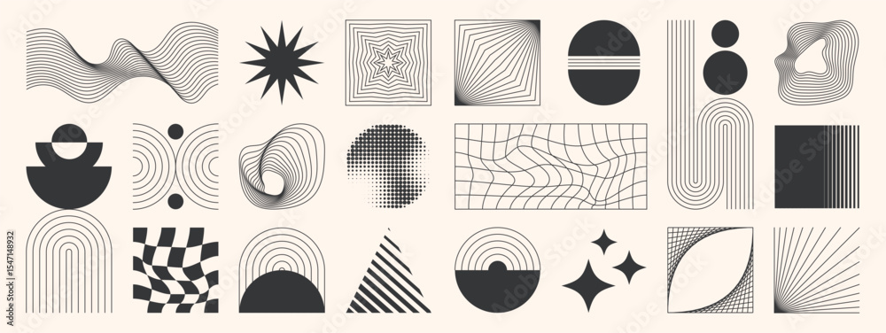 Abstract minimal element mid century vector set. Aesthetic contemporary stripe line art, geometric shape in monochrome. Art form design for wall art, decoration, wallpaper.