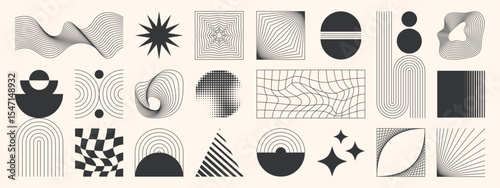 Abstract minimal element mid century vector set. Aesthetic contemporary stripe line art, geometric shape in monochrome. Art form design for wall art, decoration, wallpaper.